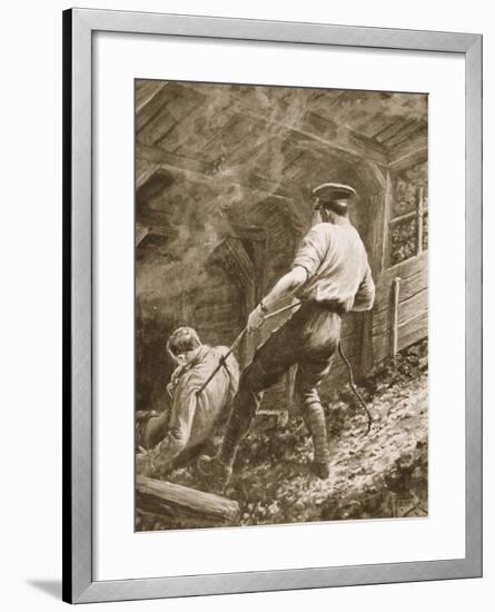 Lance-Corporal Clapson Dragging an Officer, Who Had Been Gassed, Out of a Mine (Litho)-Alfred Pearse-Framed Giclee Print