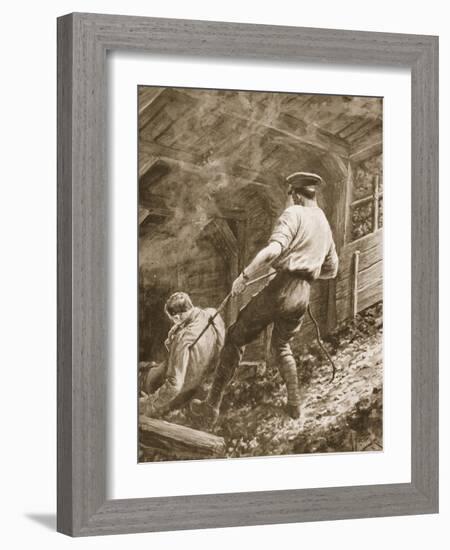 Lance-Corporal Clapson Dragging an Officer, Who Had Been Gassed, Out of a Mine (Litho)-Alfred Pearse-Framed Giclee Print