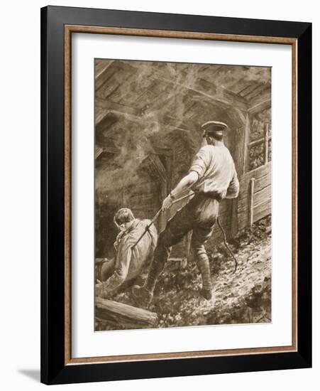 Lance-Corporal Clapson Dragging an Officer, Who Had Been Gassed, Out of a Mine (Litho)-Alfred Pearse-Framed Giclee Print