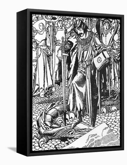 Lancelot Slays Corbin's Snake, Illustration from 'The Story of Sir Lancelot and His Companions', 19-Howard Pyle-Framed Premier Image Canvas