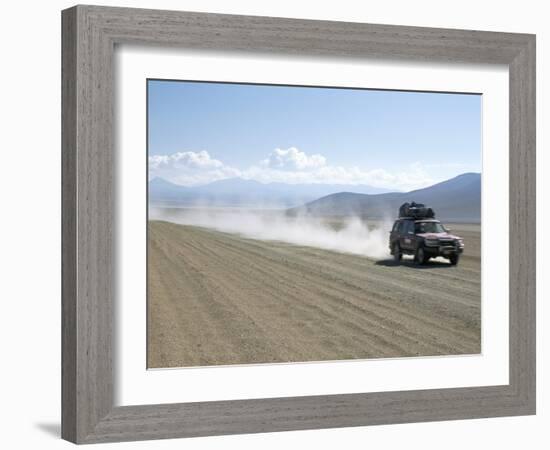 Land Cruiser on Altiplano Track and Tourists Going to Laguna Colorado, Southwest Highlands, Bolivia-Tony Waltham-Framed Photographic Print