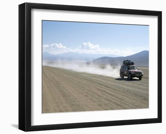 Land Cruiser on Altiplano Track and Tourists Going to Laguna Colorado, Southwest Highlands, Bolivia-Tony Waltham-Framed Photographic Print