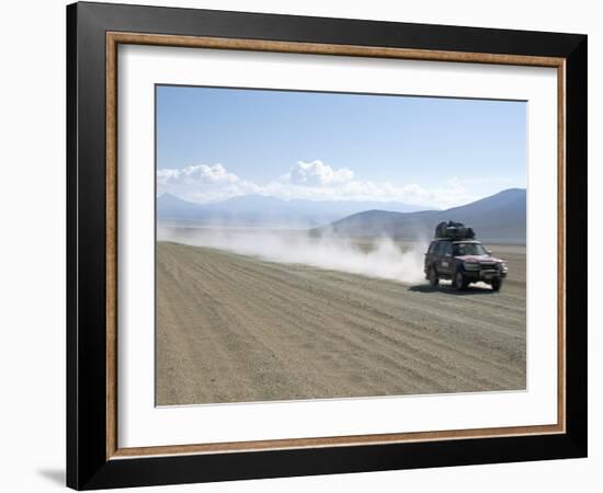 Land Cruiser on Altiplano Track and Tourists Going to Laguna Colorado, Southwest Highlands, Bolivia-Tony Waltham-Framed Photographic Print