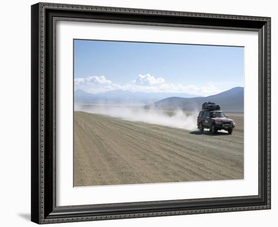 Land Cruiser on Altiplano Track and Tourists Going to Laguna Colorado, Southwest Highlands, Bolivia-Tony Waltham-Framed Photographic Print