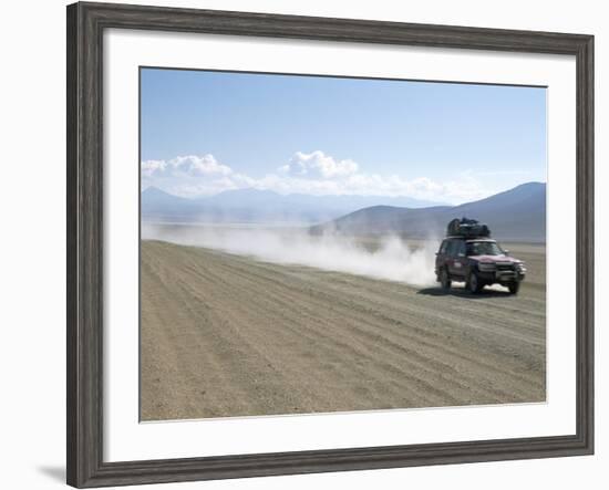 Land Cruiser on Altiplano Track and Tourists Going to Laguna Colorado, Southwest Highlands, Bolivia-Tony Waltham-Framed Photographic Print