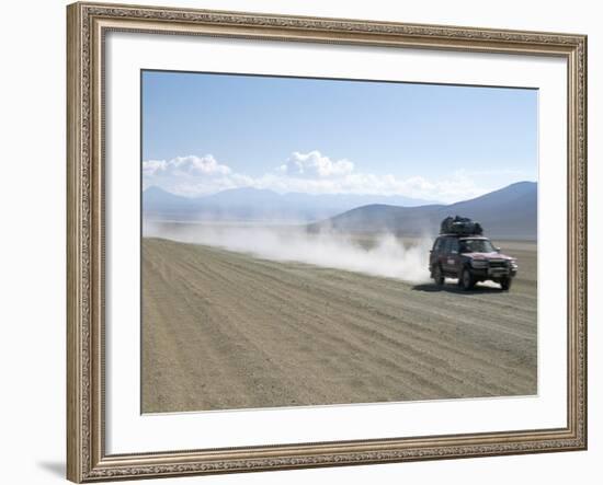 Land Cruiser on Altiplano Track and Tourists Going to Laguna Colorado, Southwest Highlands, Bolivia-Tony Waltham-Framed Photographic Print