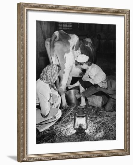 Land Girls Millking Cows on a Farm During World War II-Robert Hunt-Framed Photographic Print