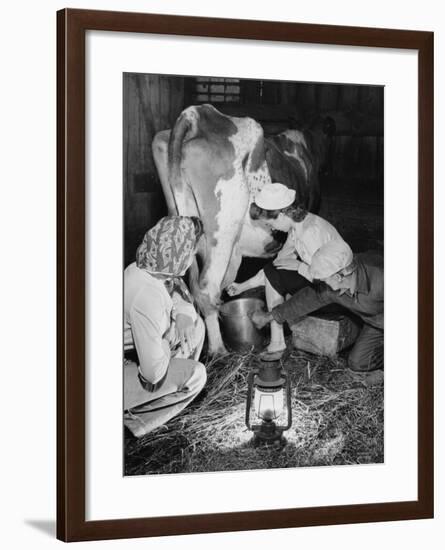 Land Girls Millking Cows on a Farm During World War II-Robert Hunt-Framed Photographic Print