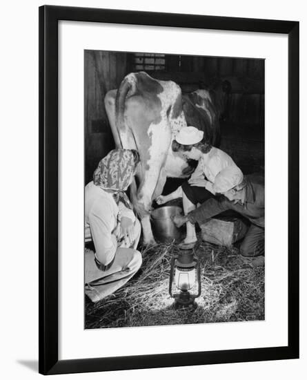 Land Girls Millking Cows on a Farm During World War II-Robert Hunt-Framed Photographic Print