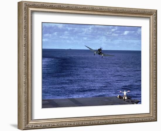 Landing Signal Officer Communicating with American Pilot Preparing to Land on Palau Islands-J^ R^ Eyerman-Framed Photographic Print