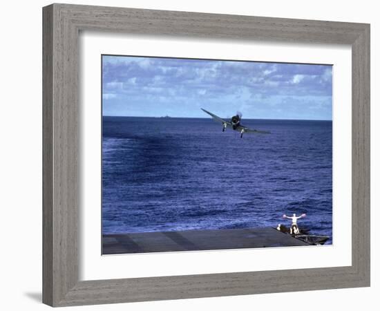 Landing Signal Officer Communicating with American Pilot Preparing to Land on Palau Islands-J^ R^ Eyerman-Framed Photographic Print