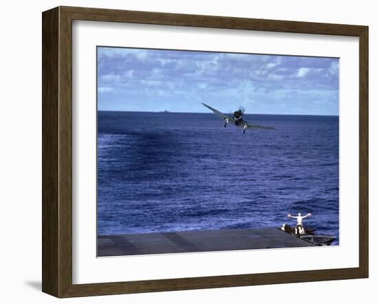 Landing Signal Officer Communicating with American Pilot Preparing to Land on Palau Islands-J^ R^ Eyerman-Framed Photographic Print