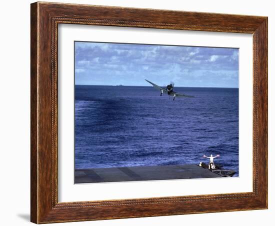 Landing Signal Officer Communicating with American Pilot Preparing to Land on Palau Islands-J^ R^ Eyerman-Framed Photographic Print