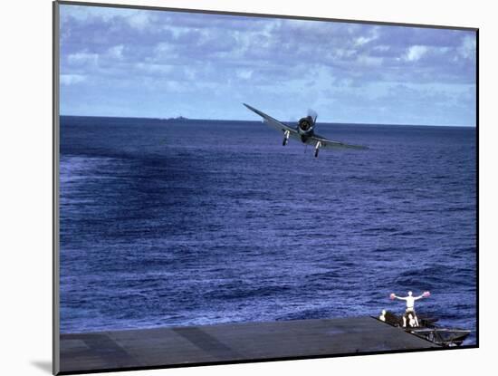 Landing Signal Officer Communicating with American Pilot Preparing to Land on Palau Islands-J^ R^ Eyerman-Mounted Photographic Print