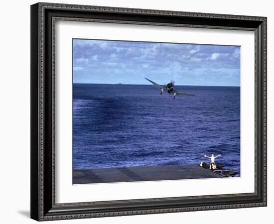 Landing Signal Officer Communicating with American Pilot Preparing to Land on Palau Islands-J^ R^ Eyerman-Framed Photographic Print