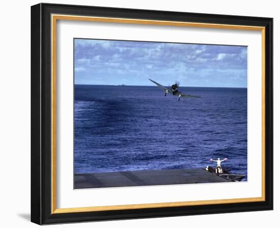 Landing Signal Officer Communicating with American Pilot Preparing to Land on Palau Islands-J^ R^ Eyerman-Framed Photographic Print