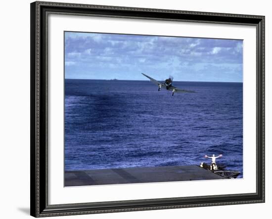 Landing Signal Officer Communicating with American Pilot Preparing to Land on Palau Islands-J^ R^ Eyerman-Framed Photographic Print