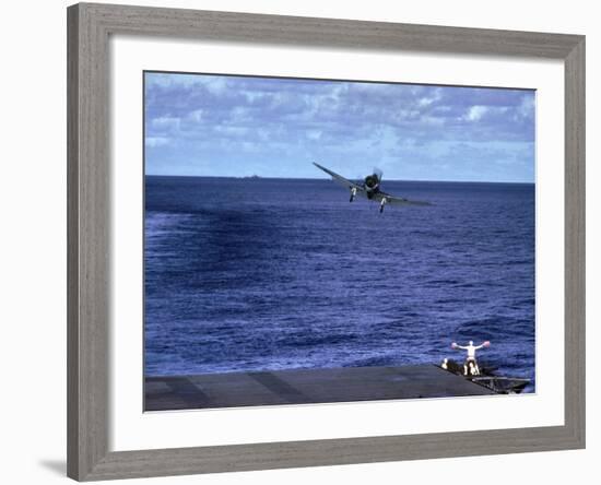 Landing Signal Officer Communicating with American Pilot Preparing to Land on Palau Islands-J^ R^ Eyerman-Framed Photographic Print