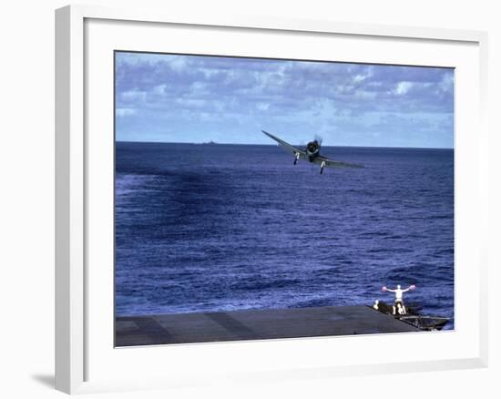 Landing Signal Officer Communicating with American Pilot Preparing to Land on Palau Islands-J^ R^ Eyerman-Framed Photographic Print