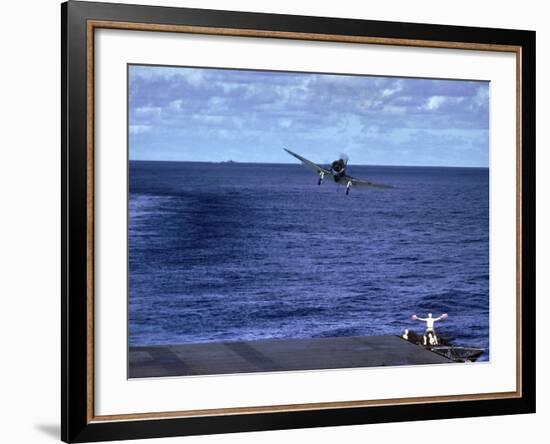 Landing Signal Officer Communicating with American Pilot Preparing to Land on Palau Islands-J^ R^ Eyerman-Framed Photographic Print