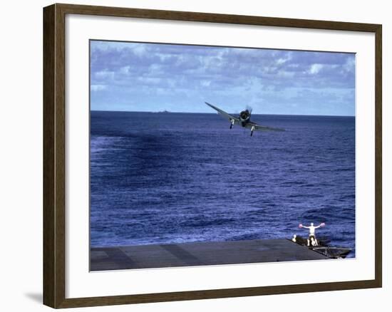 Landing Signal Officer Communicating with American Pilot Preparing to Land on Palau Islands-J^ R^ Eyerman-Framed Photographic Print