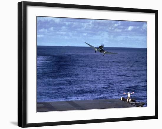 Landing Signal Officer Communicating with American Pilot Preparing to Land on Palau Islands-J^ R^ Eyerman-Framed Photographic Print