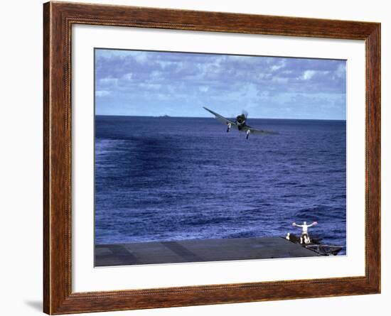 Landing Signal Officer Communicating with American Pilot Preparing to Land on Palau Islands-J^ R^ Eyerman-Framed Photographic Print