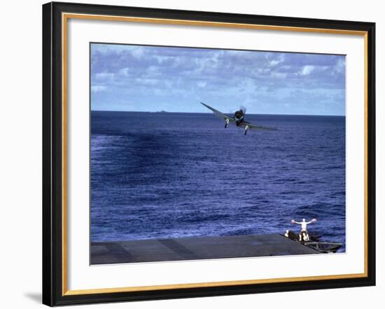 Landing Signal Officer Communicating with American Pilot Preparing to Land on Palau Islands-J^ R^ Eyerman-Framed Photographic Print