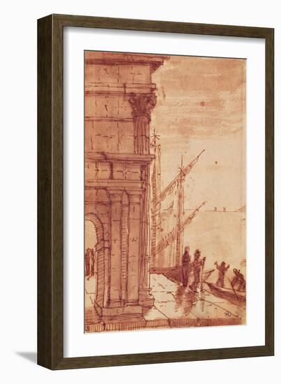 Landing Stage at Sunrise (Pen, Brown Ink, Brown Wash and Black Crayon)-Claude Lorraine-Framed Giclee Print