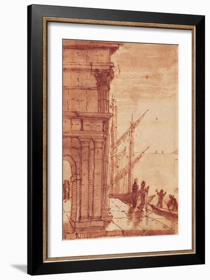 Landing Stage at Sunrise (Pen, Brown Ink, Brown Wash and Black Crayon)-Claude Lorraine-Framed Giclee Print