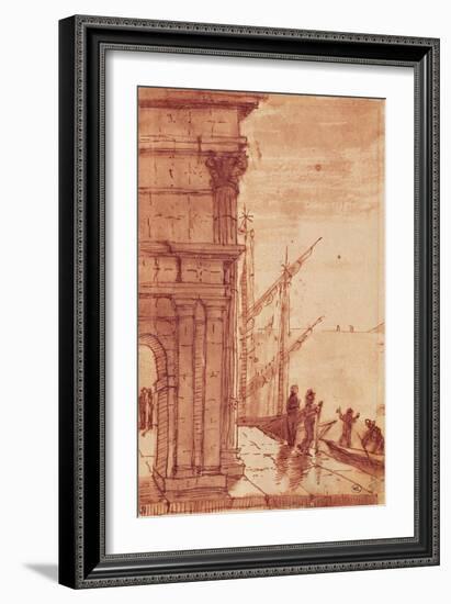 Landing Stage at Sunrise (Pen, Brown Ink, Brown Wash and Black Crayon)-Claude Lorraine-Framed Giclee Print