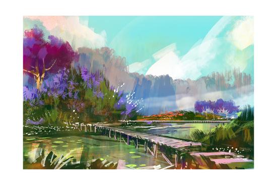 Landscape Digital Painting Of Beautiful Mountain Lake And Wooden Landscape Digital Painting Of Beautiful Mountain Lake And Wooden Bridge Ilration Art Print By Tithi Luad Com