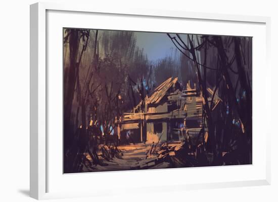 Landscape Digital Painting of Ruined House in the Forest-Tithi Luadthong-Framed Art Print