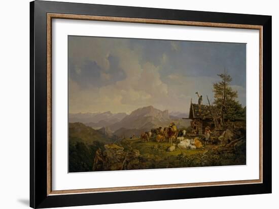 Landscape in the Oberbayen with Herdsmen and their Cattle Resting by A Hut, 1840 (Oil on Canvas)-Heinrich Burkel-Framed Giclee Print