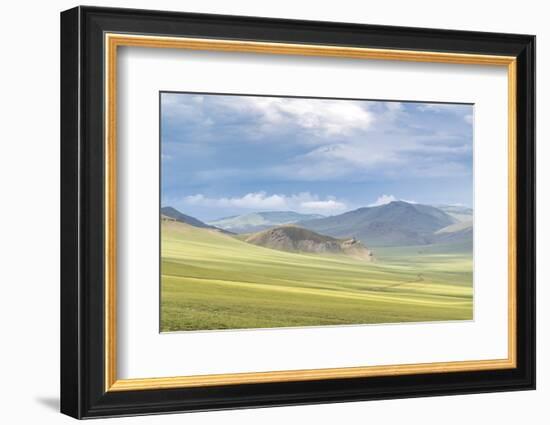 Landscape of the green Mongolian steppe under a gloomy sky, Ovorkhangai province, Mongolia, Central-Francesco Vaninetti-Framed Photographic Print