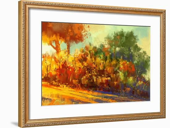 Landscape Painting of Beautiful Autumn Forest with Sunlight-Tithi Luadthong-Framed Art Print