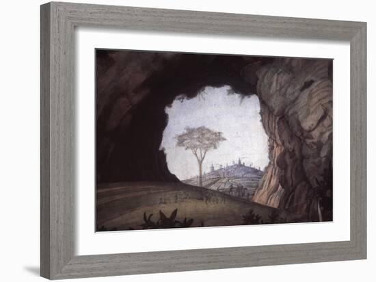 Landscape, Rock Arch Frames a Tree and City-Andrea Mantegna-Framed Art Print