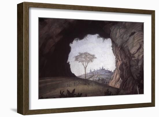 Landscape, Rock Arch Frames a Tree and City-Andrea Mantegna-Framed Art Print