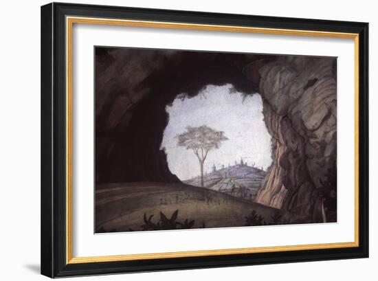 Landscape, Rock Arch Frames a Tree and City-Andrea Mantegna-Framed Art Print