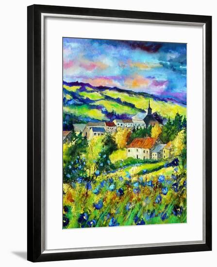 Landscape summer blue poppies village Belgium-Pol Ledent-Framed Art Print