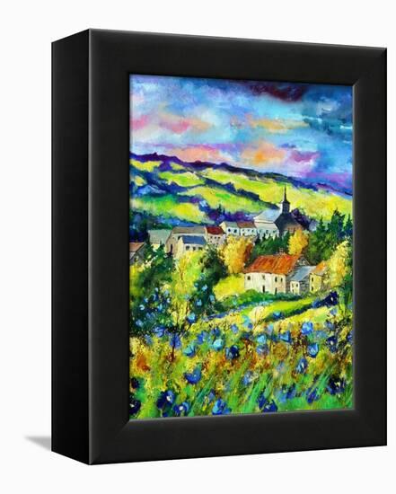 Landscape summer blue poppies village Belgium-Pol Ledent-Framed Stretched Canvas