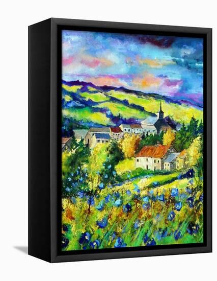 Landscape summer blue poppies village Belgium-Pol Ledent-Framed Stretched Canvas