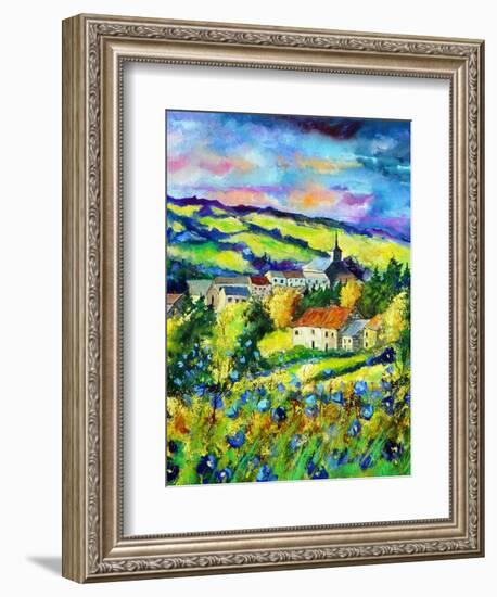 Landscape summer blue poppies village Belgium-Pol Ledent-Framed Art Print