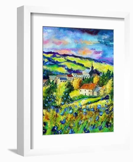 Landscape summer blue poppies village Belgium-Pol Ledent-Framed Art Print