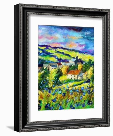 Landscape summer blue poppies village Belgium-Pol Ledent-Framed Art Print