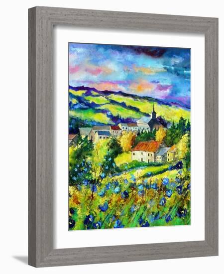 Landscape summer blue poppies village Belgium-Pol Ledent-Framed Art Print