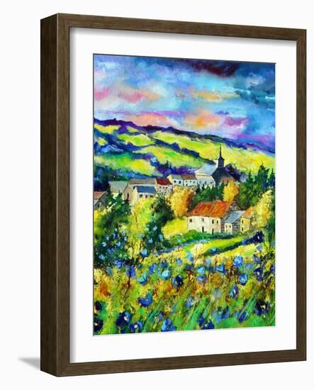 Landscape summer blue poppies village Belgium-Pol Ledent-Framed Art Print