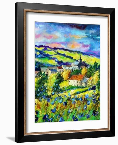 Landscape summer blue poppies village Belgium-Pol Ledent-Framed Art Print