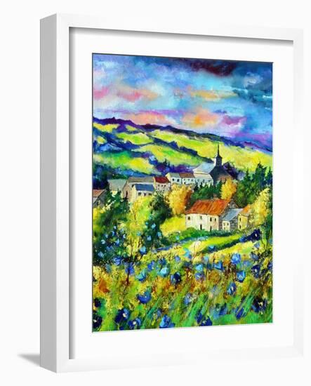 Landscape summer blue poppies village Belgium-Pol Ledent-Framed Art Print