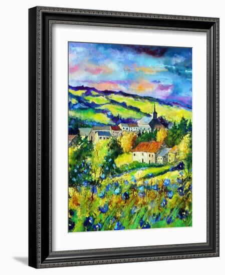 Landscape summer blue poppies village Belgium-Pol Ledent-Framed Art Print